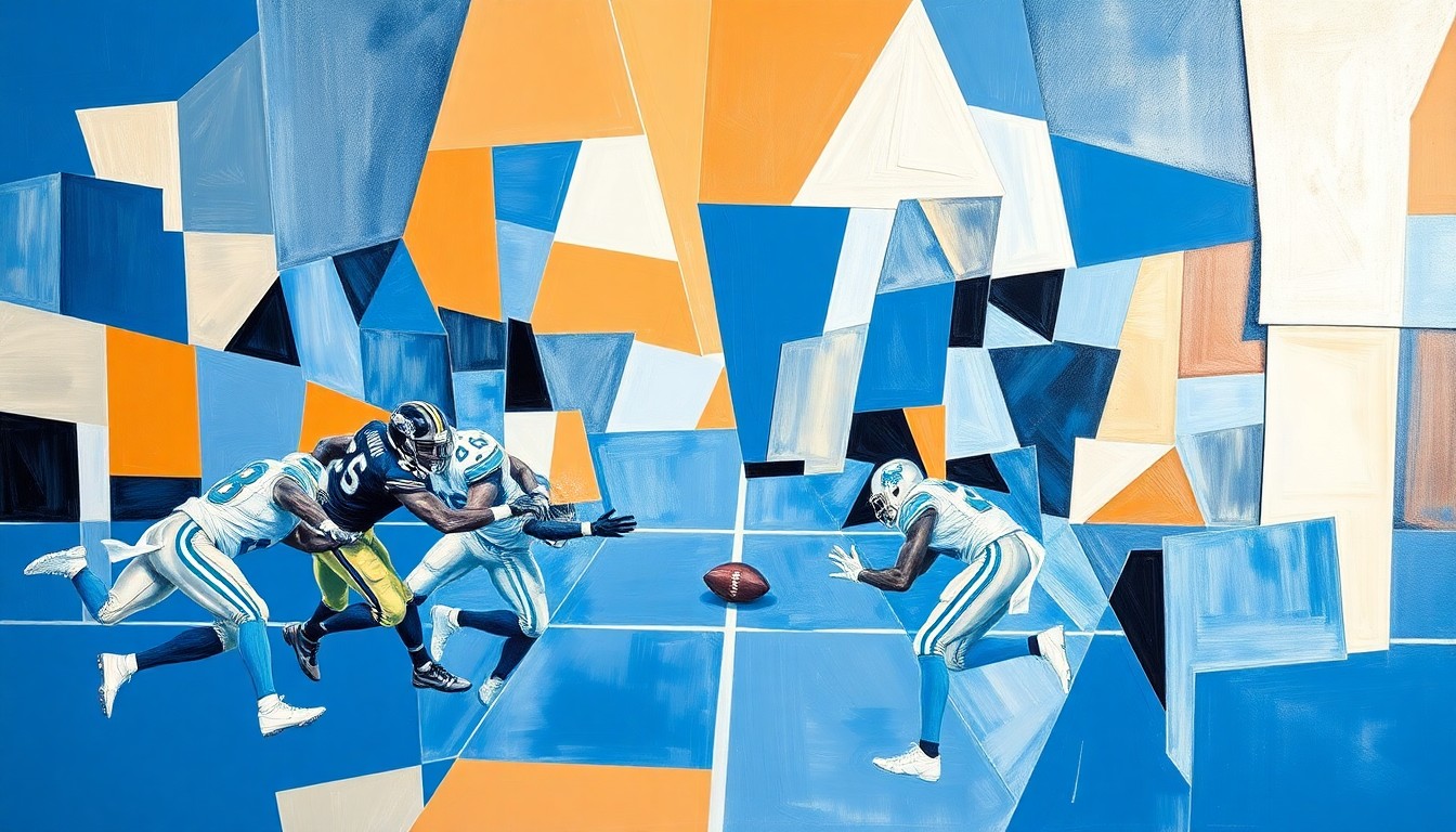 A cubist, geometric painting featuring overlapping planes of Honolulu blue and silver, conceptually representing the strategic decisions and positional needs of the Detroit Lions football team.