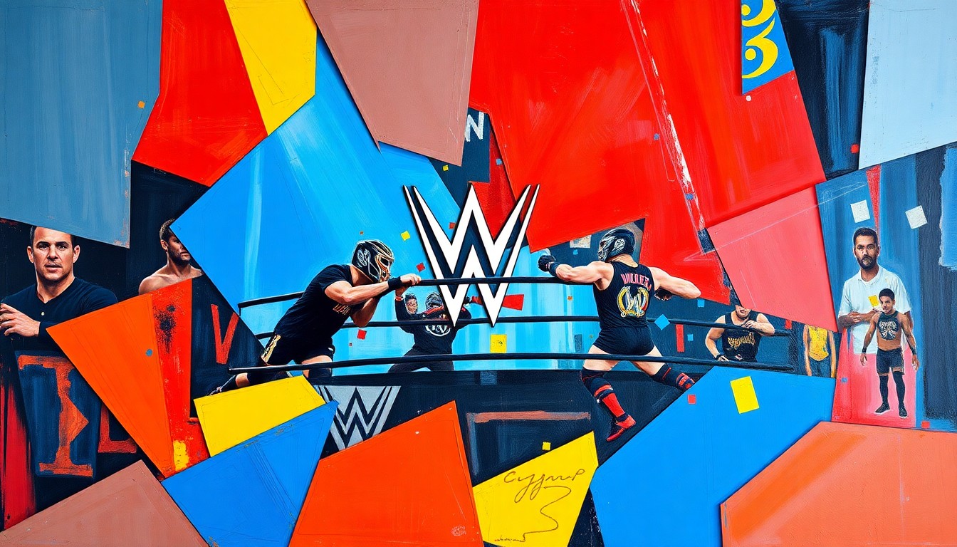 A fragmented, geometric painting in bold colors depicting the action and intensity of a professional wrestling title match.