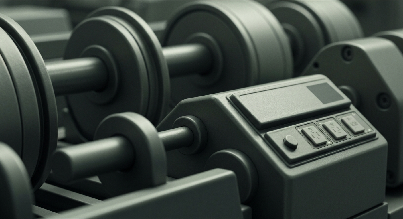 An extreme close-up of gears, levers, and other heavy industrial banking equipment, conveying the physical, mechanical nature of financial infrastructure without using any literal currency or charts.