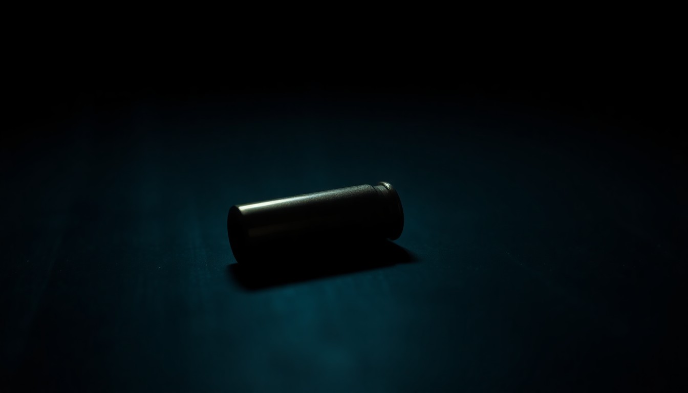 An extreme close-up of a single spent bullet casing on a dark, shadowy surface, lit by a harsh, direct camera flash, conceptually representing the grim details of a murder-suicide investigation.