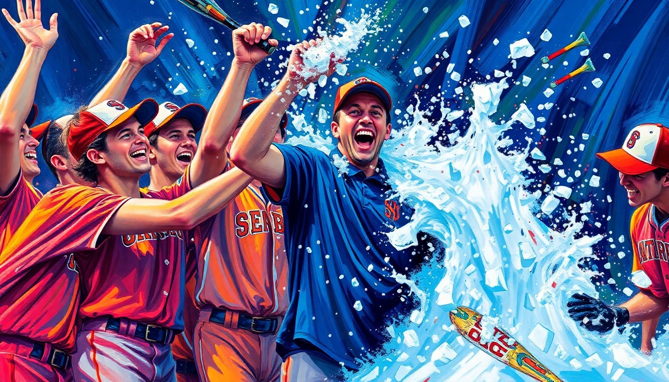 An abstract, energetic painting using bold brushstrokes and neon colors to depict the celebratory scene of a high school baseball team dousing their coach with an ice bath after winning a championship game.