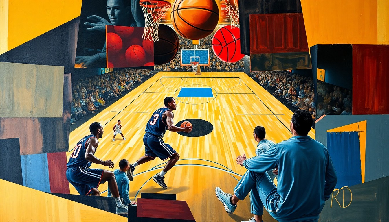 A cubist-style painting depicting the overlapping, geometric forms of two basketball players in motion, representing the collaboration of former college rivals on the court.