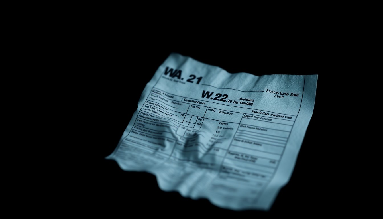 An extreme close-up photograph of a crumpled W-2 tax form, the details and textures of the paper highlighted by harsh, direct lighting against a dark background, conveying a sense of urgency and investigation around the data breach.