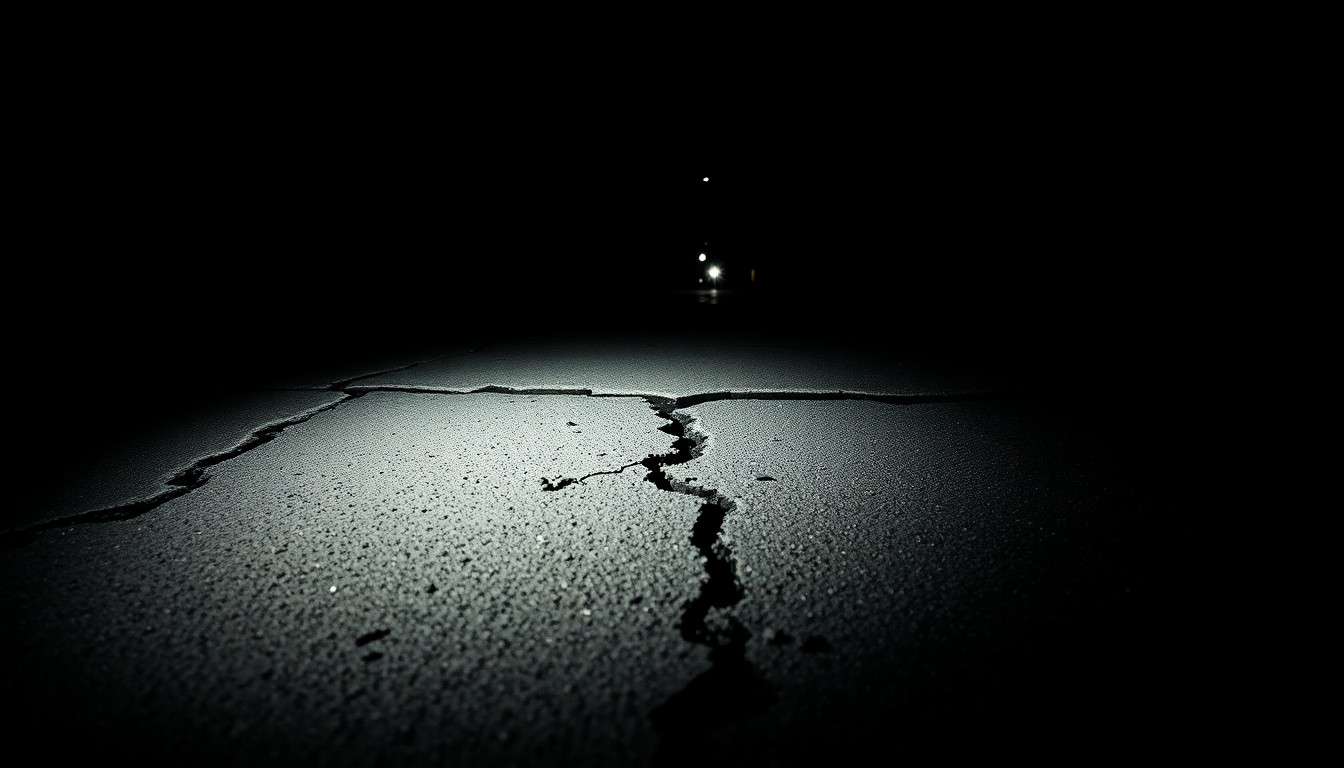 An extreme close-up photograph of a cracked and damaged sidewalk, lit by a harsh, direct camera flash against a pitch-black background, creating a stark, gritty, investigative aesthetic.