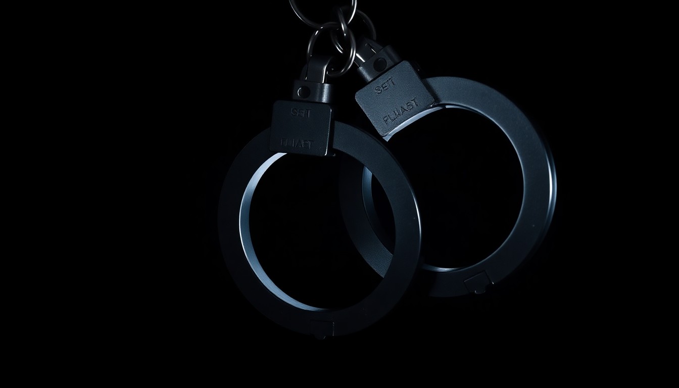 An extreme close-up photograph of a pair of handcuffs against a pitch-black background, lit by a harsh, direct camera flash, creating a stark, gritty, investigative aesthetic.