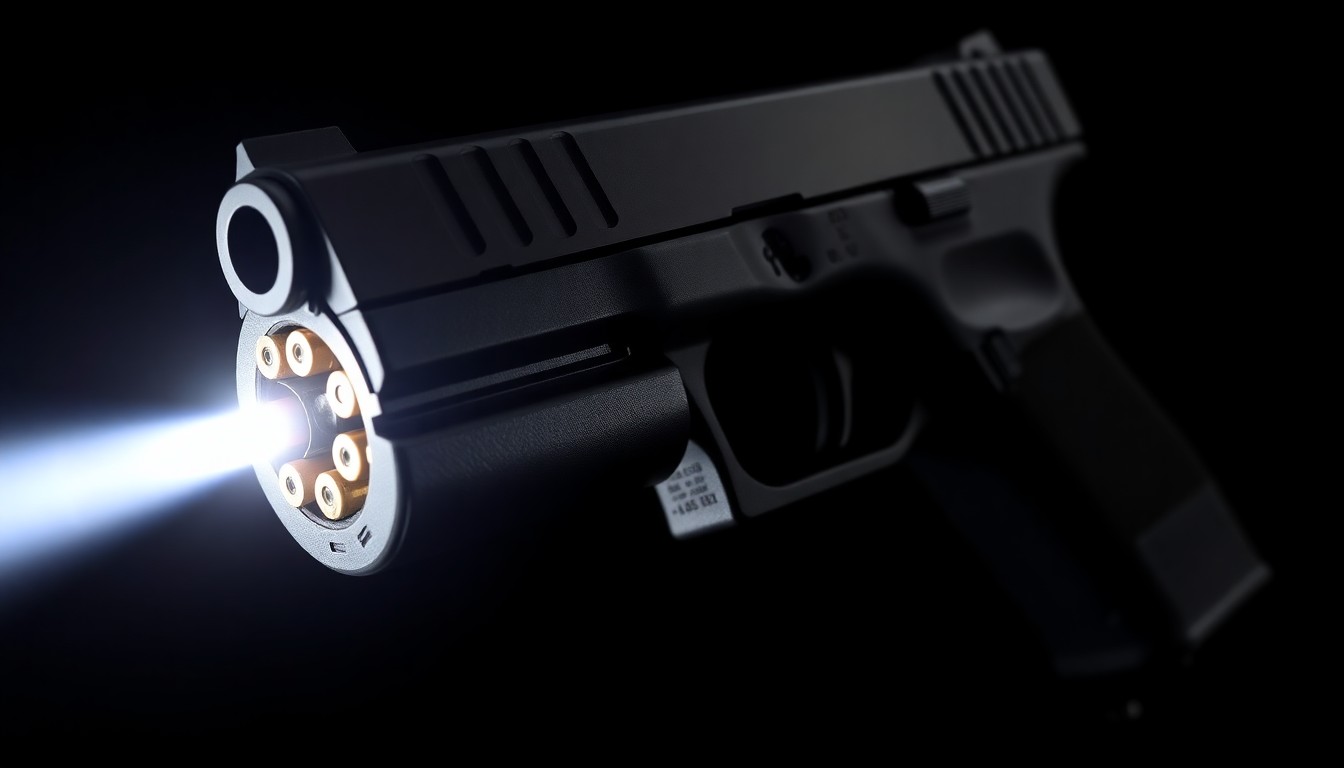 An extreme close-up photograph of a handgun's metal slide and trigger, lit dramatically with harsh flash lighting against a black background, conveying a sense of danger and urgency without depicting any actual violence.