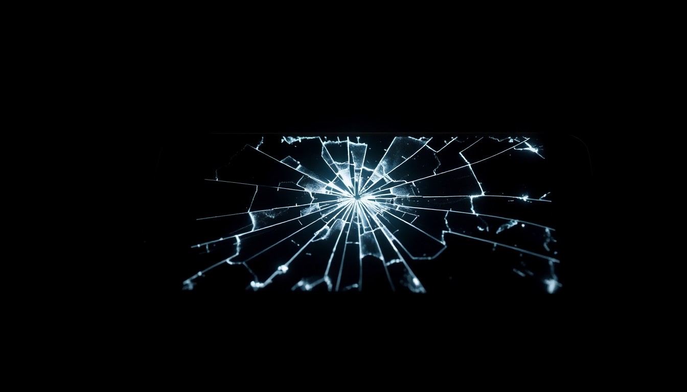 An extreme close-up photograph of a cracked and damaged smartphone screen, lit by a harsh, direct camera flash against a pitch-black background, conceptually representing the aftermath of a violent street robbery.
