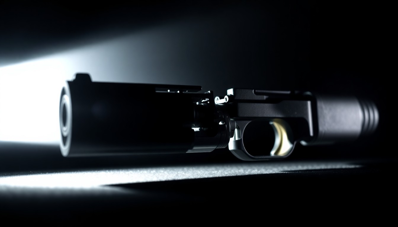An extreme close-up photograph of a disassembled firearm component, such as a magazine or trigger mechanism, lit by a harsh, direct camera flash against a pitch-black background, conceptually illustrating the investigative nature of this weapons-related incident.