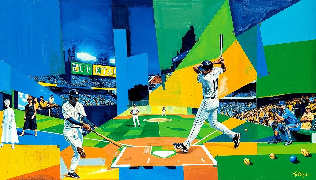 A fractured, geometric painting in bold colors depicting the dynamic motion and energy of a baseball game-winning home run, without any recognizable figures or details.