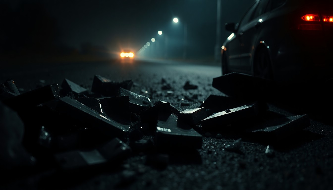 An extreme close-up photograph of shattered car parts and broken glass scattered on a dark asphalt road, conveying the grim aftermath of a fatal accident.
