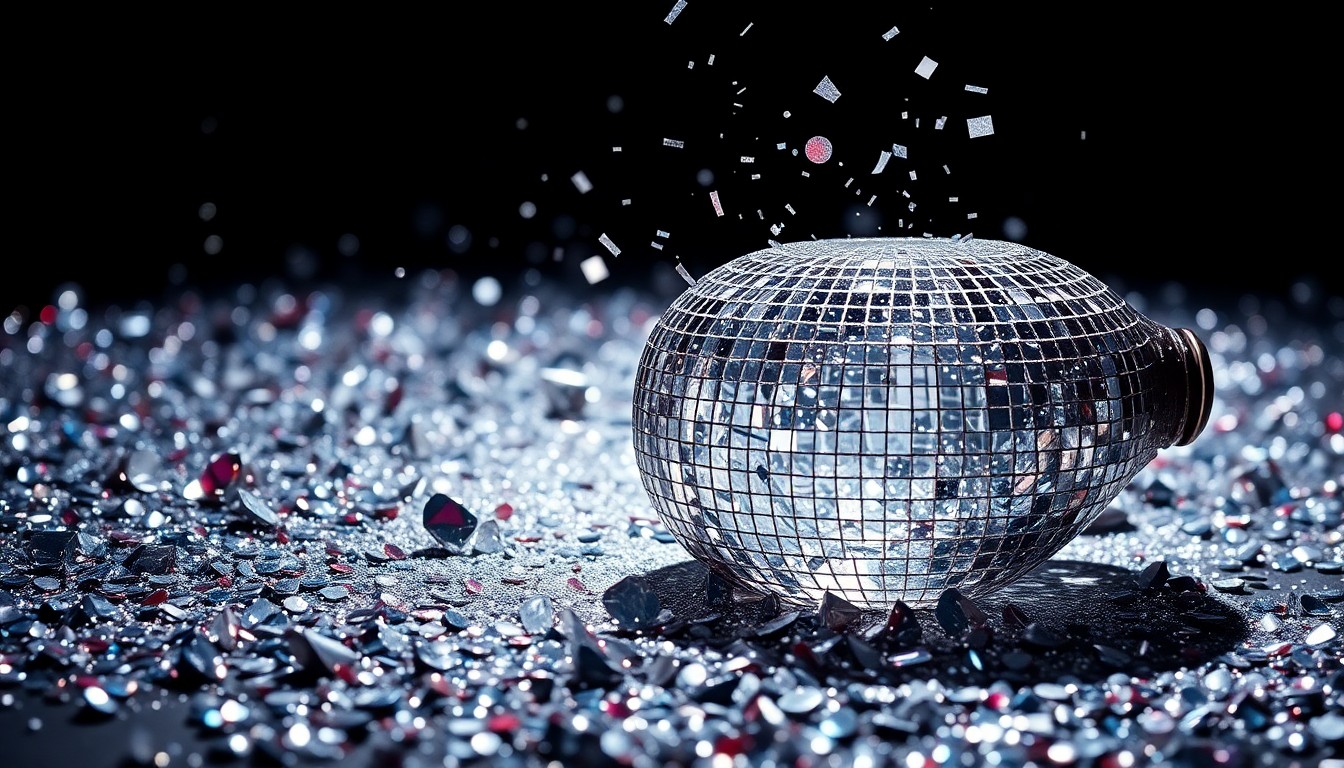 An abstract close-up photograph featuring a dramatic, high-contrast composition of glittering sequins and shattered glass, conveying the glamour and intensity of celebrity culture.