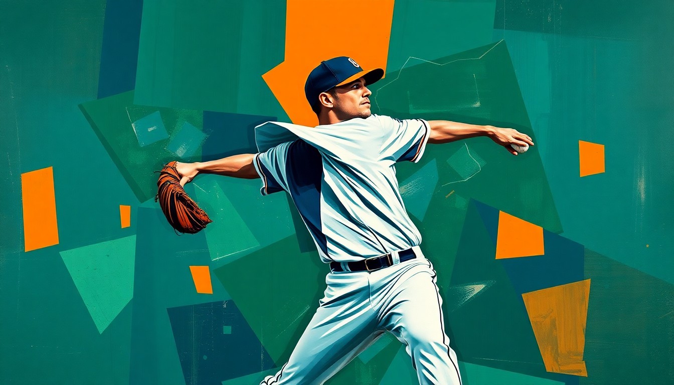 A fractured, geometric painting depicting a baseball pitcher's throwing motion, with sharp planes of navy blue, forest green, and burnt orange overlapping to create a dynamic, abstract composition.
