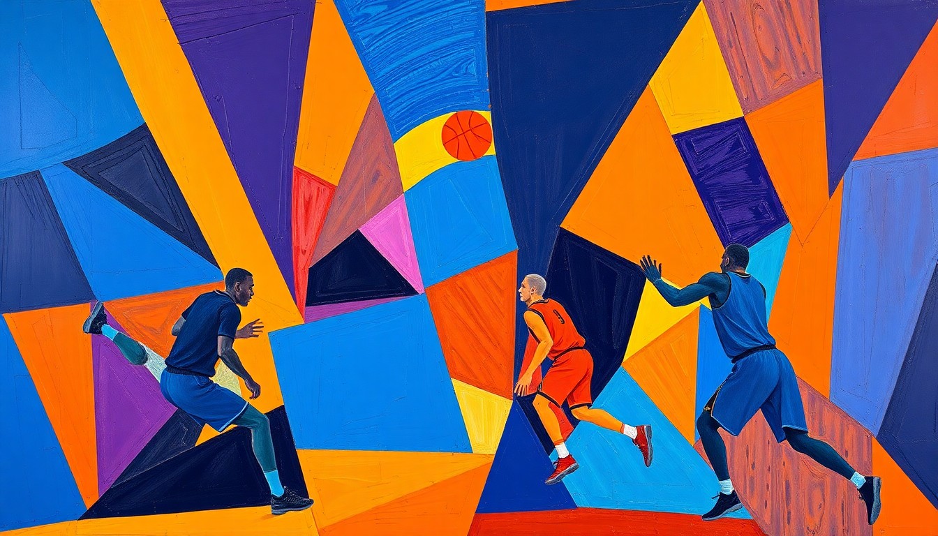A cubist, geometric painting depicting the action of a basketball game, with the players' forms abstracted into sharp, overlapping shapes in a bold color palette, conveying the intensity and dynamism of the Magic's playoff-clinching win.