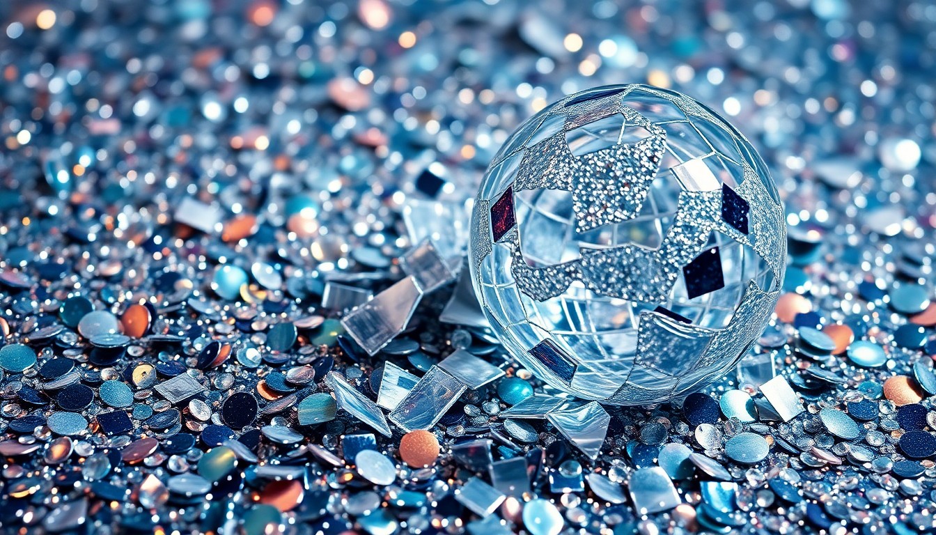 An abstract close-up photograph of shimmering sequins and shattered glass, evoking the high-stakes celebrity culture surrounding the relationship between the 'Summer House' stars.
