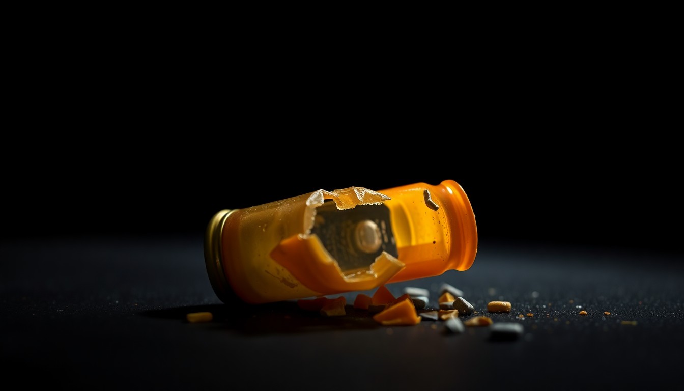 An extreme close-up photograph of a shattered rubber bullet casing against a pitch-black background, capturing the stark, investigative aesthetic of the Weegee photographic style.