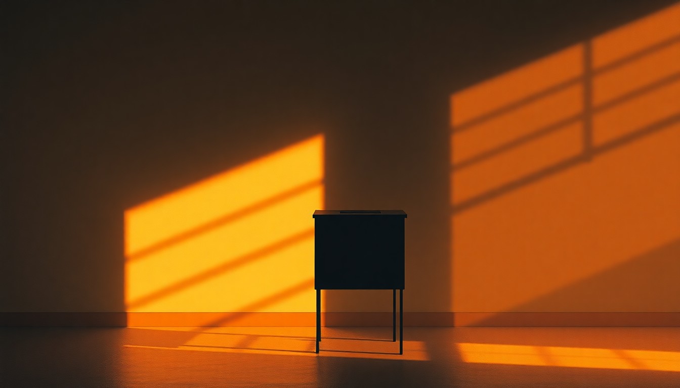 A photorealistic painting of a lone ballot box or voting booth set against a dimly lit urban backdrop, with warm sunlight casting dramatic shadows across the scene, conveying a sense of solemnity and the weight of the issues surrounding campaign finance and foreign interference in elections.