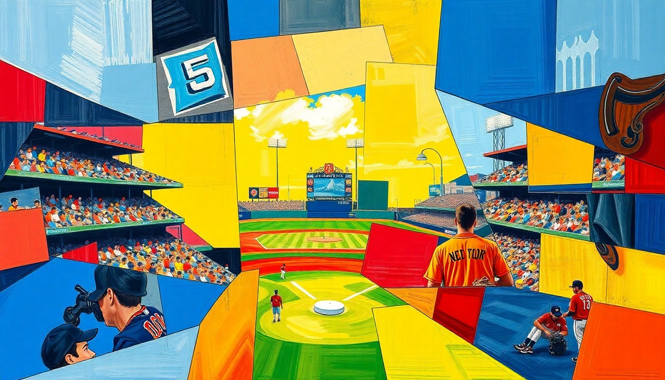 A cubist-style painting featuring fragmented, geometric shapes in bright colors that abstractly represent a baseball game or spring training scene.