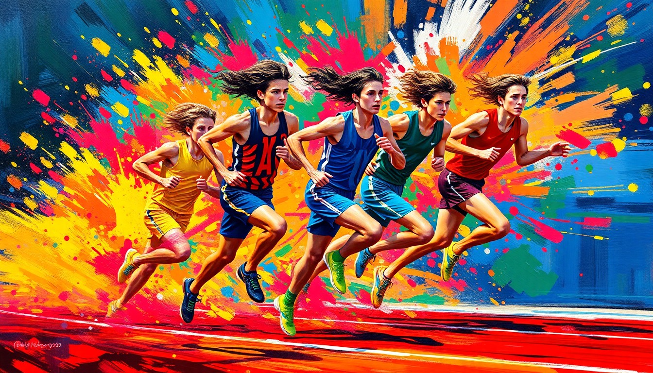 An abstract expressionist painting using vibrant neon colors and rapid brushstrokes to capture the dynamic motion and energy of a boys track and field relay race, with the figures blending into a colorful, energetic composition.