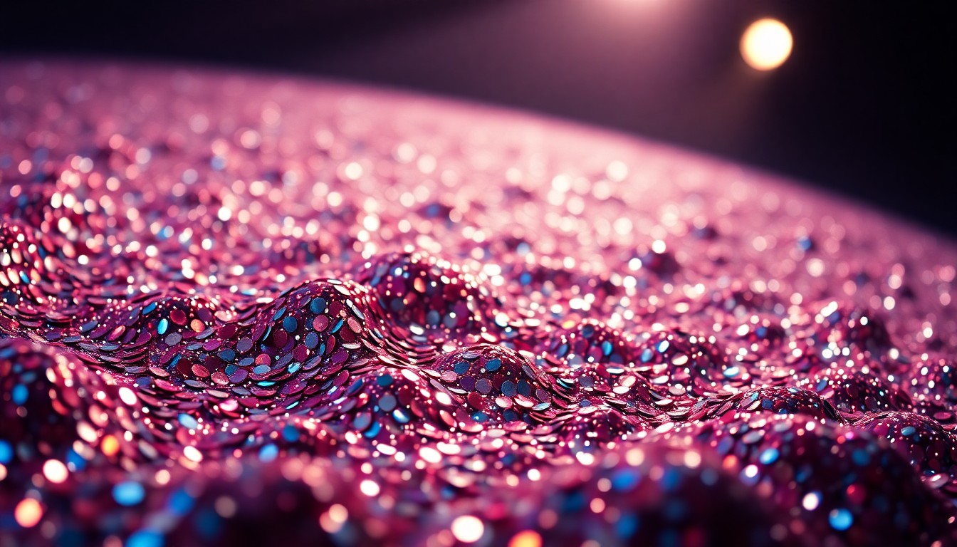 An extreme close-up photograph of sparkling, reflective sequins under dramatic studio lighting, capturing the glamorous, high-energy aesthetic of a major music act.