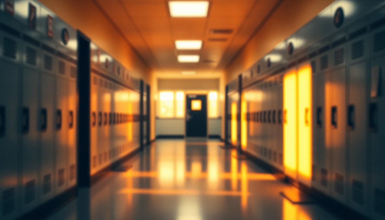 An abstract, impressionistic photograph of a softly blurred school hallway, with warm, hazy pools of yellow and orange light casting a gentle glow across the lockers and floor, conceptually representing the somber mood following the passing of a school board member.