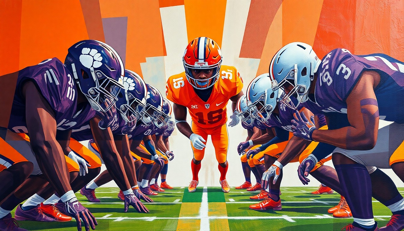 A cubist, geometric painting depicting the fractured movements and overlapping perspectives of a Clemson football defensive line, rendered in the team's signature orange and purple colors.