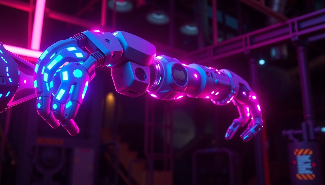 A highly detailed, glowing 3D macro illustration of a robotic arm with multiple joints and sensors, bathed in neon cyan and magenta lights, conceptually representing the progress and challenges in developing advanced robotics capabilities for industrial applications.