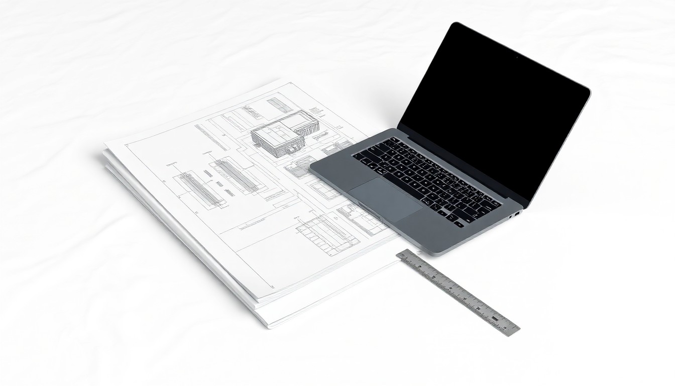 A photorealistic studio still life featuring a stack of architectural blueprints, a sleek black laptop, and a metal ruler, arranged elegantly on a clean white background to symbolize the planning and design process behind the proposed data center project.
