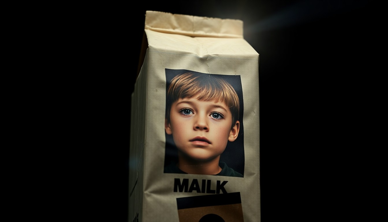 An extreme close-up of a crumpled, weathered milk carton with a faded image of a young boy's face, lit by a harsh, direct camera flash against a pitch-black background, creating a stark, gritty, investigative aesthetic.