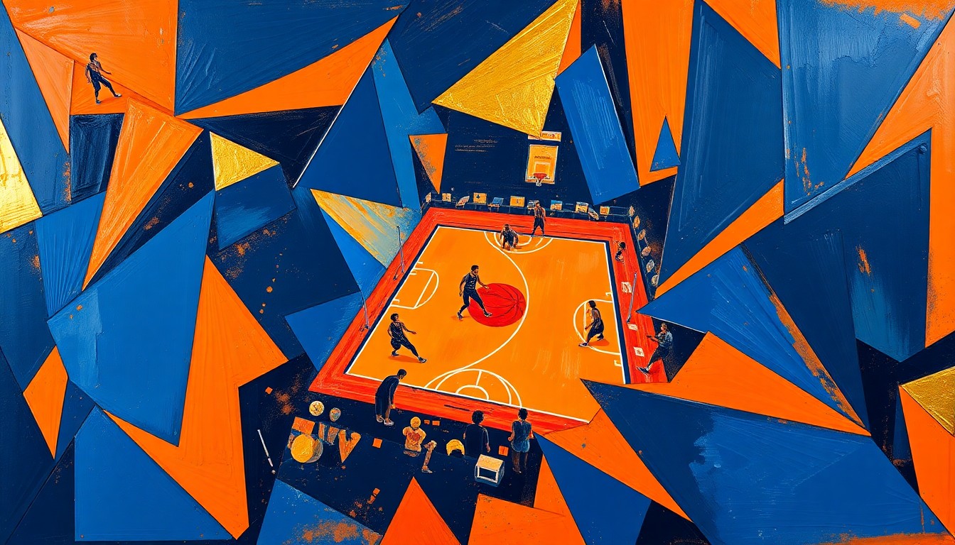 A cubist, geometric painting depicting a WNBA basketball game, with the players and court broken down into sharp, overlapping planes of navy blue, bright orange, and metallic gold, capturing the dynamic energy of the sport.