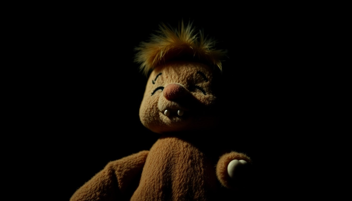 An extreme close-up photograph of a tattered, worn stuffed animal against a pitch-black background, conceptually representing the harsh realities of child abuse.