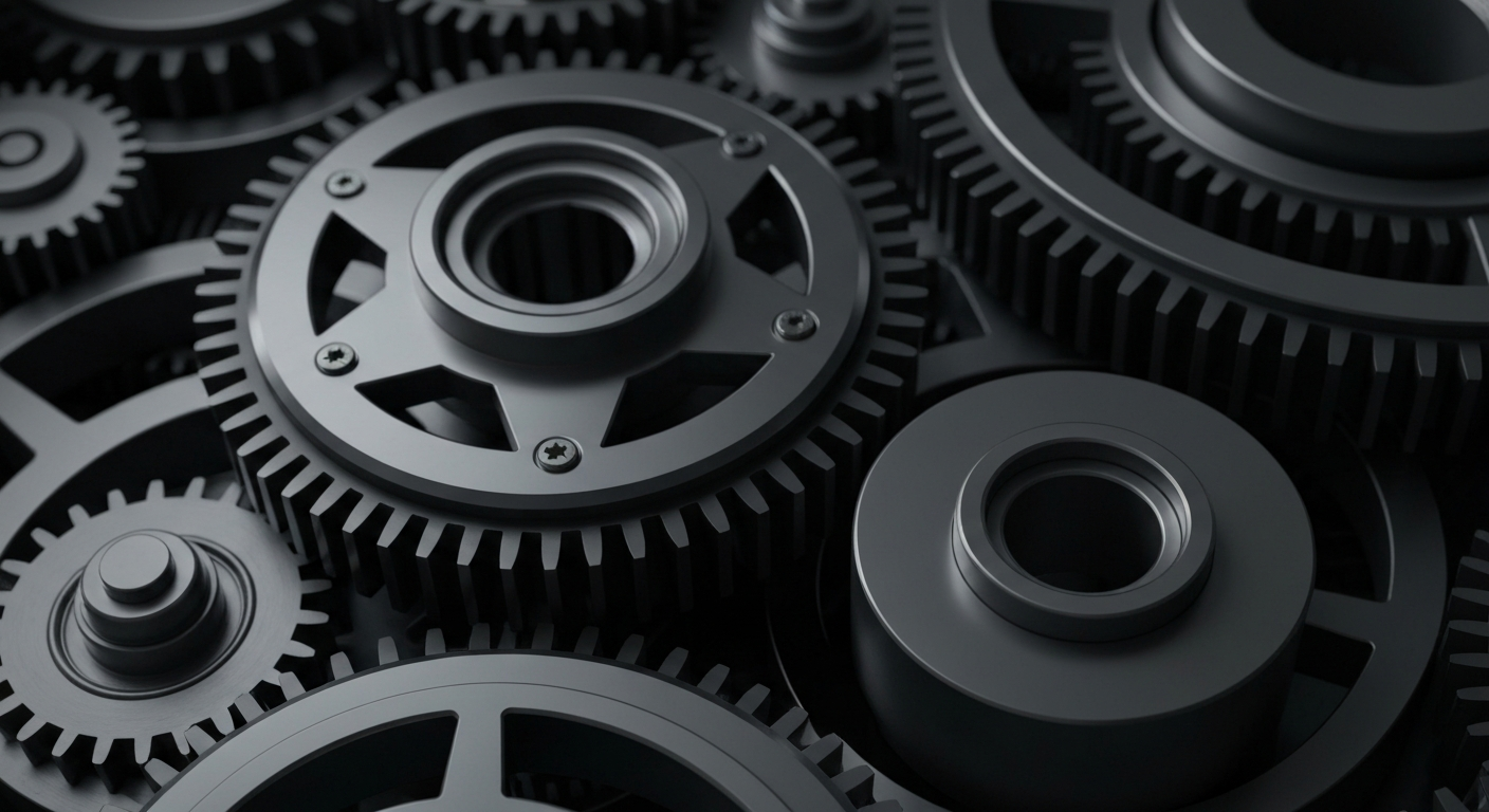 An extreme close-up of intricate, industrial machinery in shades of dark grey, conveying the complex financial infrastructure underlying the utility company's operations.