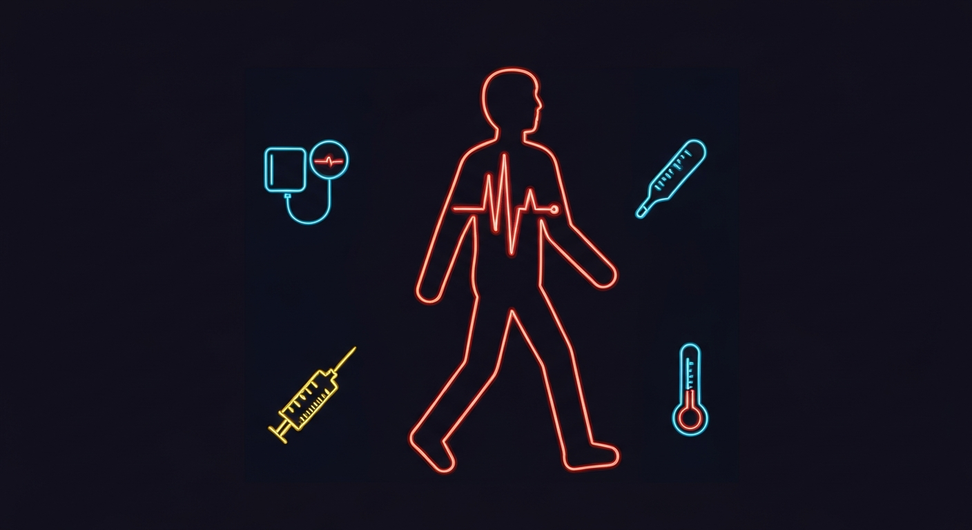 A vibrant, minimalist illustration depicting a person walking, with glowing neon icons representing various health metrics surrounding the figure, conveying the concept of promoting preventive care and personal health awareness.