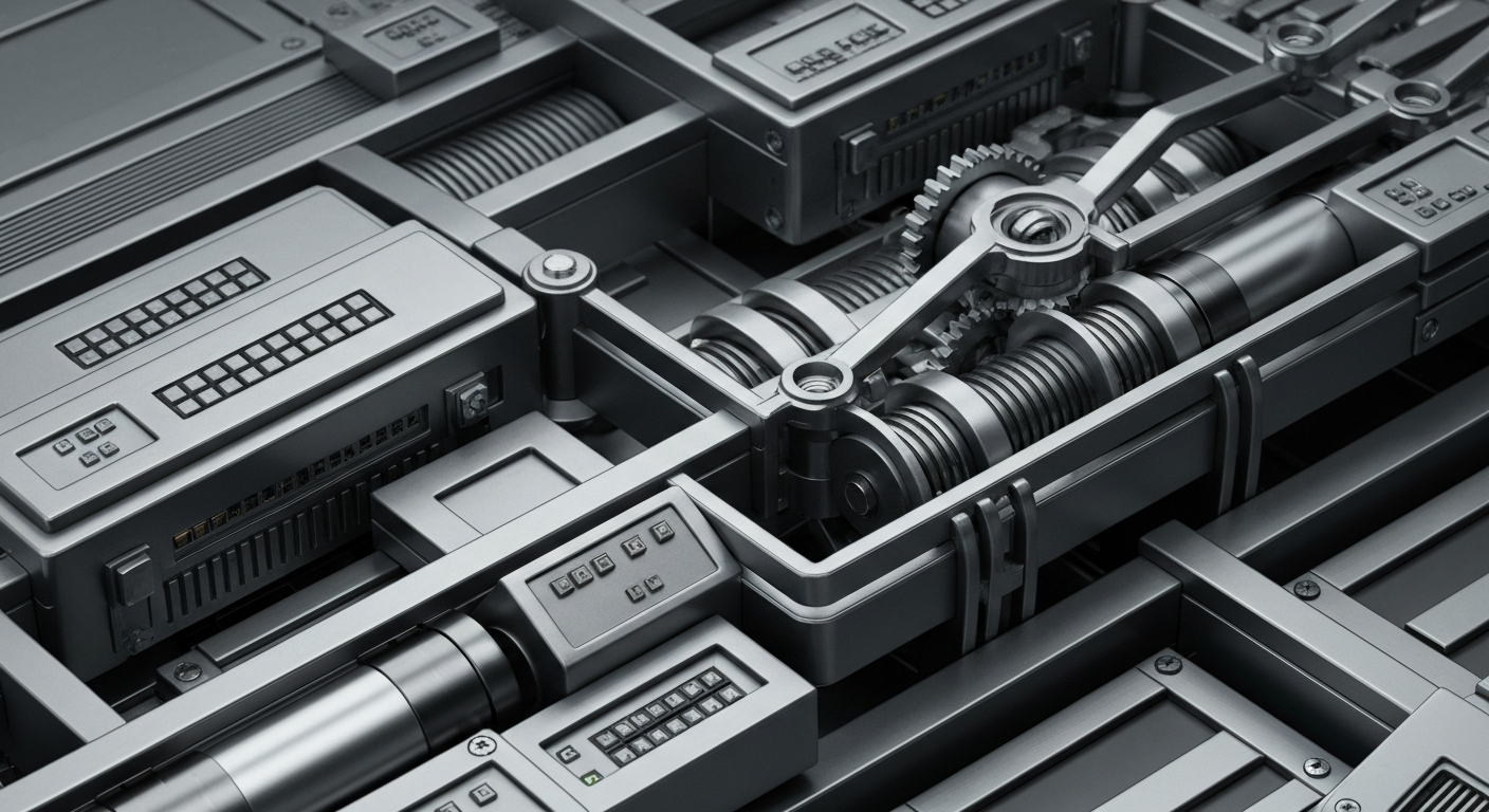 An extreme close-up of various industrial banking components and mechanisms, including gears, levers, and electronic panels, all in shades of steel grey, gunmetal, and chrome, conceptually representing the intricate infrastructure underlying the financial sector.