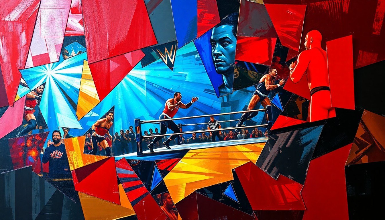 A fractured, cubist-style painting depicting an abstract wrestling match or competition, with sharp geometric shapes and planes in vibrant colors like red, blue, and gold.