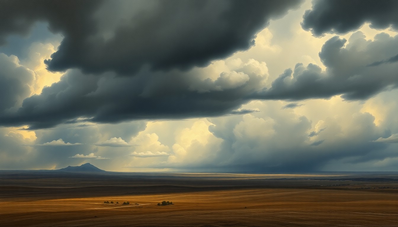 A vast, atmospheric landscape painting depicting a stormy sky with heavy, dramatic clouds casting deep shadows over a desolate, windswept field or coastline, conveying the sublime power of nature.