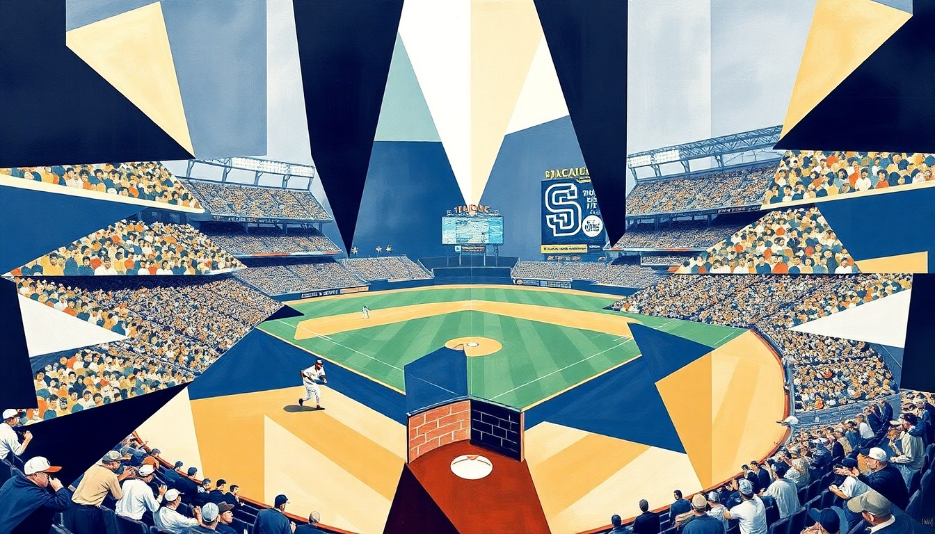 A cubist, geometric painting depicting a baseball game or match between the San Diego Padres and another team, with the players and field broken down into sharp, overlapping planes of navy blue, sand, and white colors.