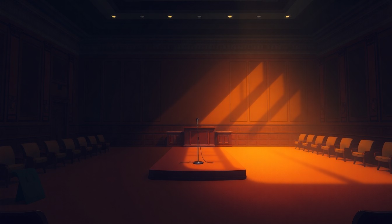 A cinematic painting of an empty congressional hearing room with warm lighting and deep shadows, conveying a sense of somber reflection on the human impact of immigration policies.