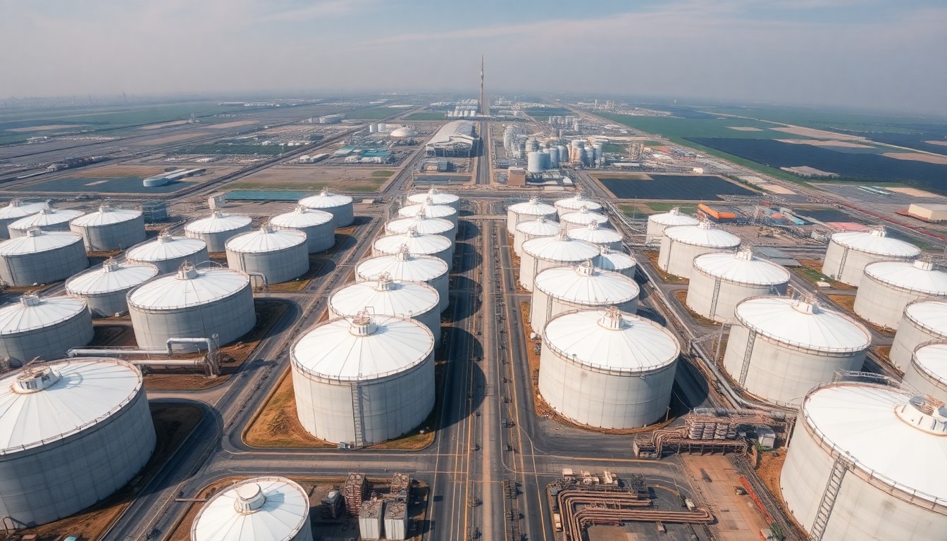 An extreme aerial view of a vast fertilizer production facility, with rows of massive storage tanks and processing equipment stretching out to the horizon, conveying the scale and importance of this industry to global food production.