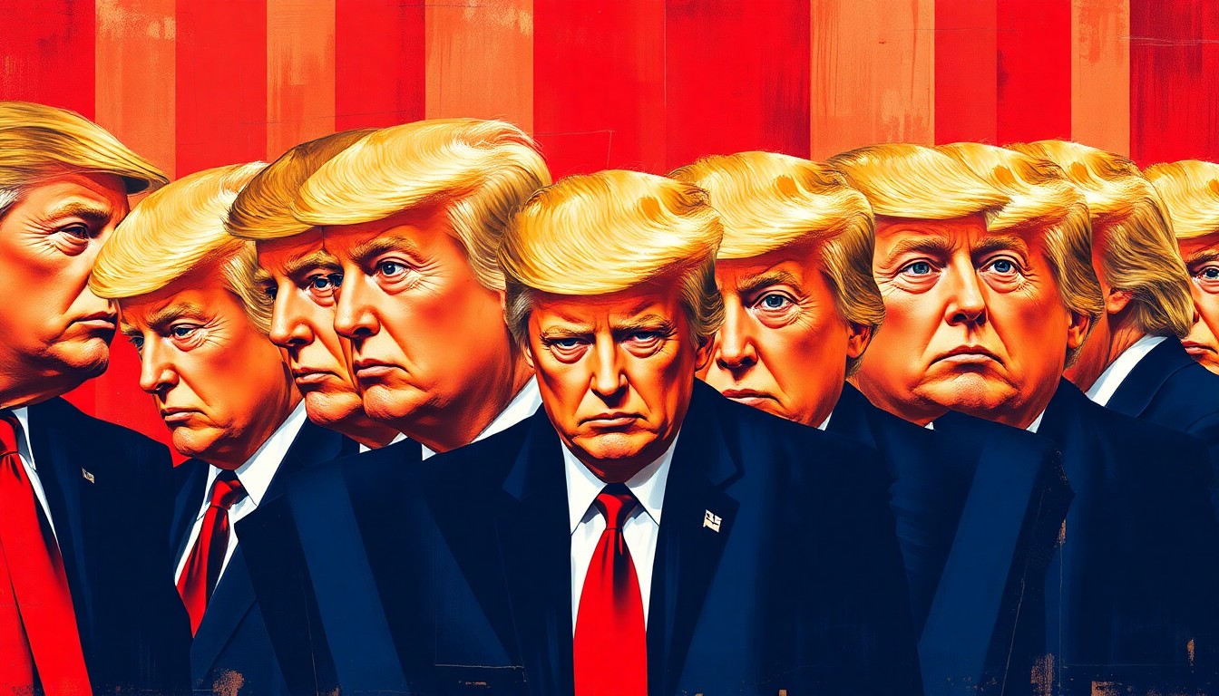 A dynamic, abstract painting featuring the fragmented, overlapping image of President Trump's head in various poses, rendered in bold, clashing colors that convey a sense of political tension and instability.