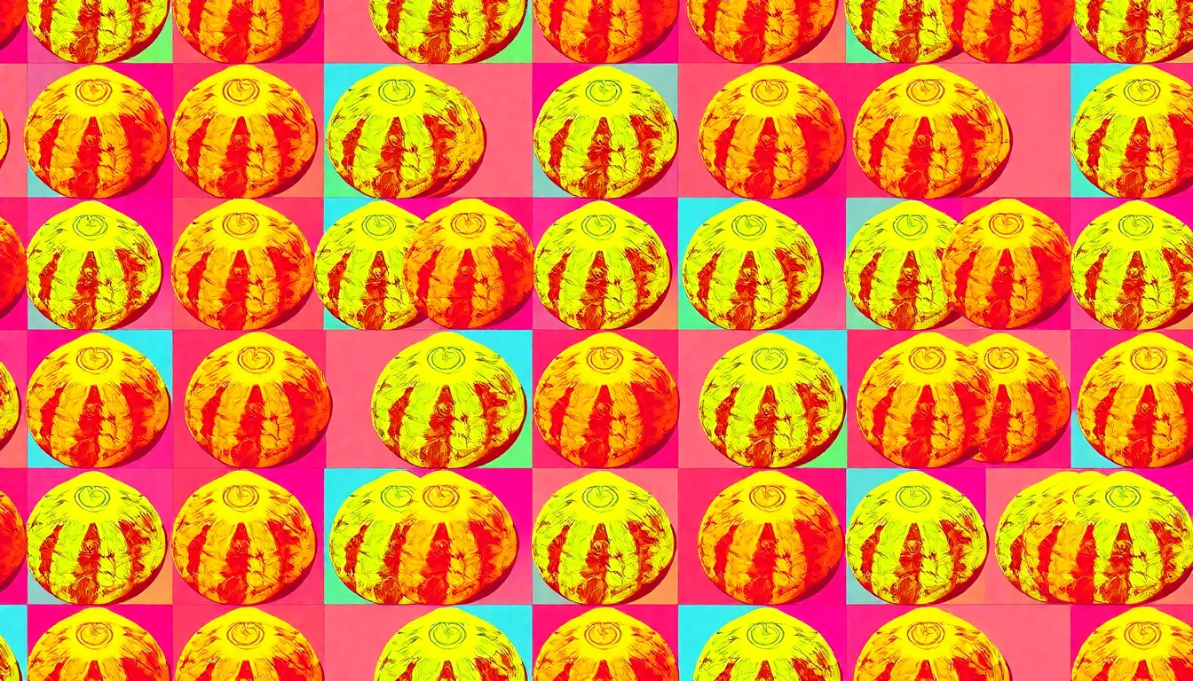 A bold, colorful silkscreen-style illustration featuring a repeating pattern of a traditional Indian sweet called a laddu, rendered in vibrant neon hues against a black background to capture the festive energy of the Vaisakhi celebration.