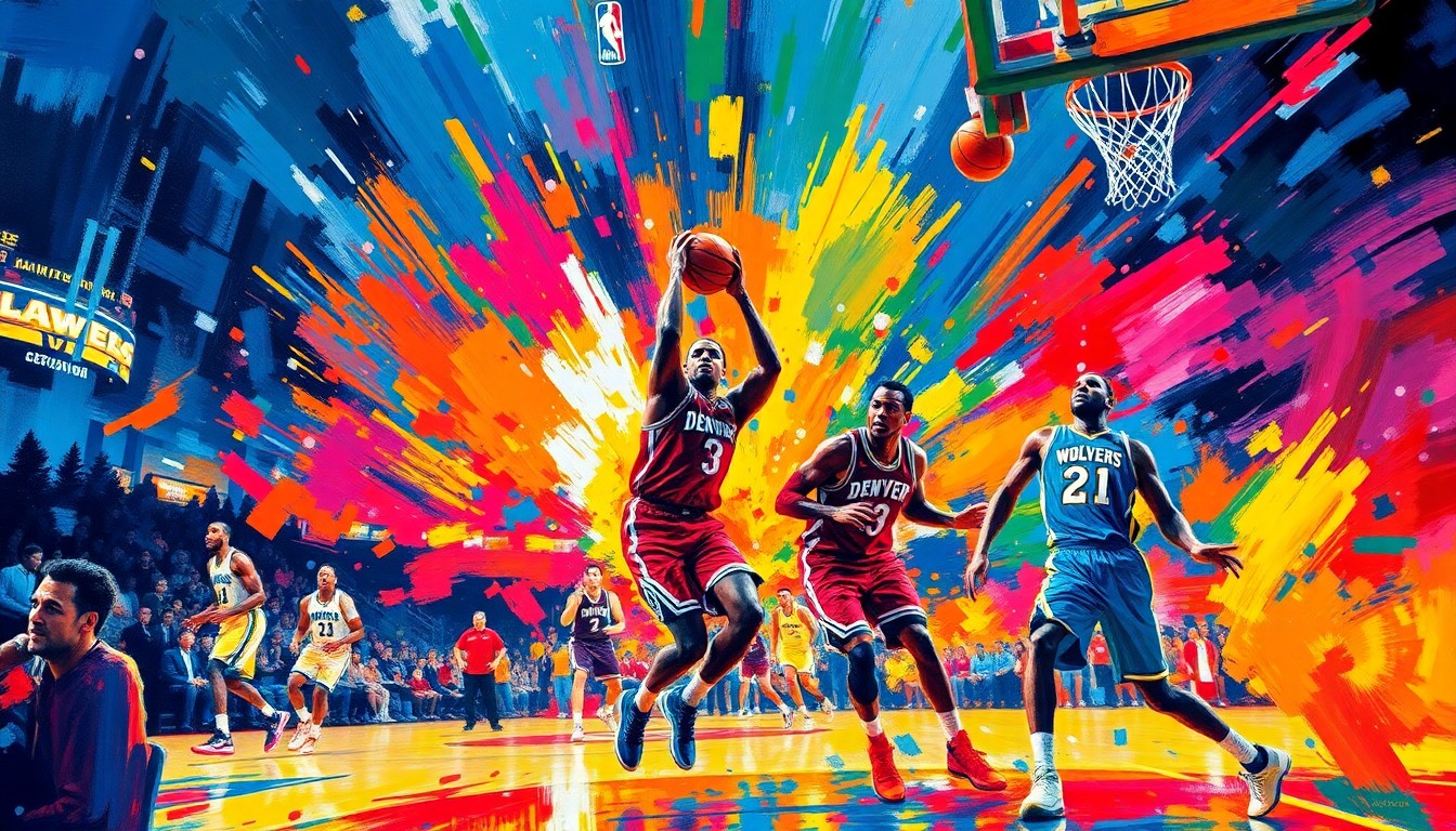 An abstract, expressionist painting in neon colors depicting the frenetic action of an NBA playoff basketball game, with players' forms breaking down into vibrant brushstrokes.