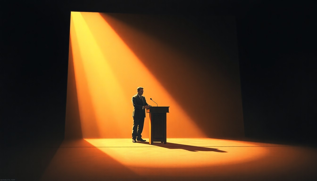 A cinematic painting of a solitary politician standing at a podium on a dimly lit stage, bathed in warm, diagonal sunlight and deep shadows, conceptually representing the high-stakes political contest for Arizona's governorship.