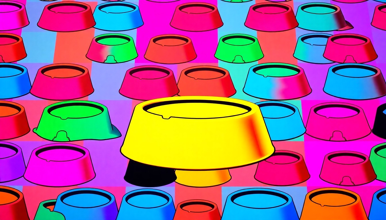 A brightly colored, high-contrast silkscreen print of a dog food bowl repeated in a tight grid pattern, conceptually representing the challenges facing LA's animal services department and the need for innovative solutions.