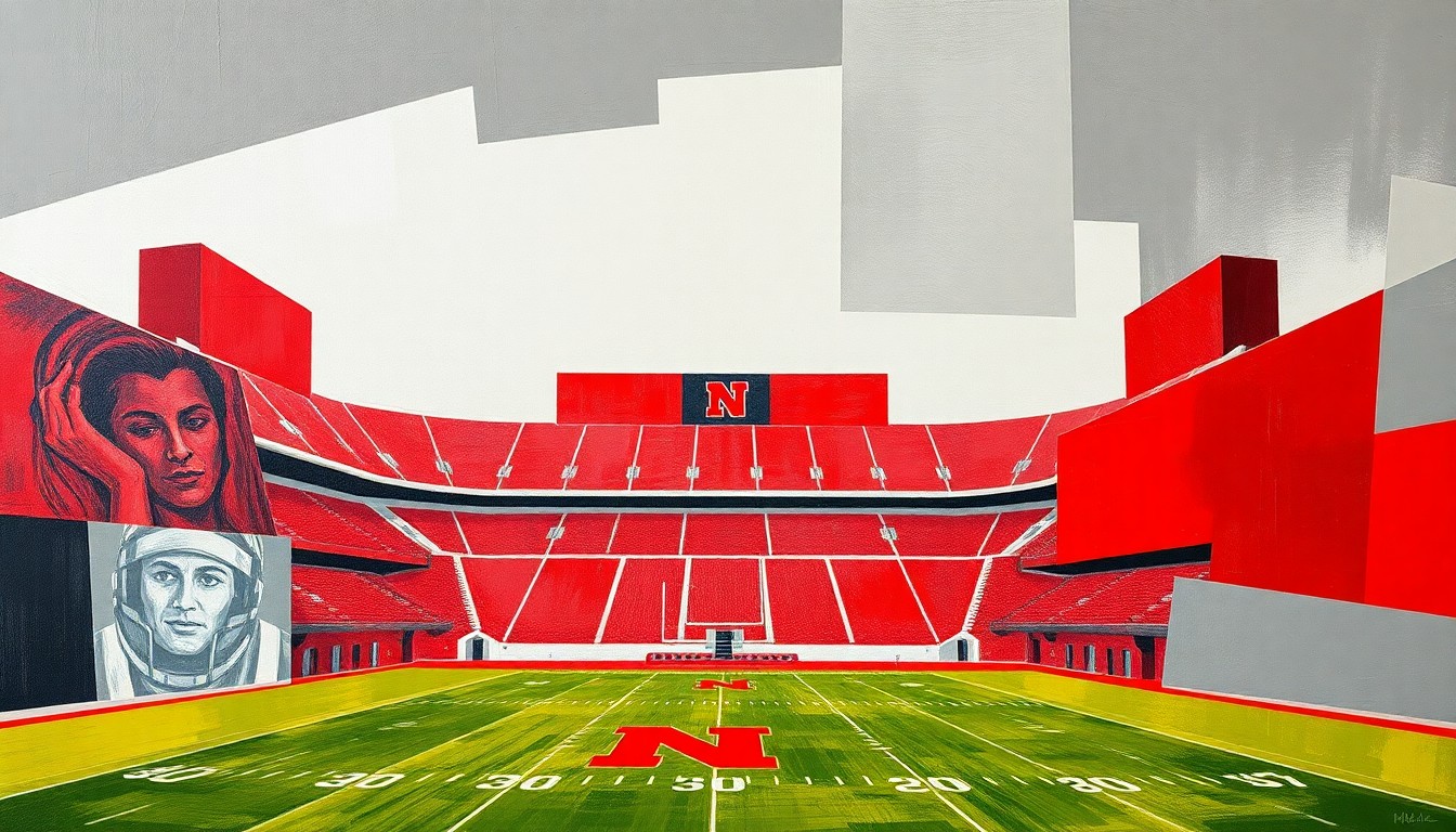 A cubist, geometric painting depicting the Nebraska Memorial Stadium and football field broken down into sharp, overlapping planes of scarlet red, cream, and charcoal grey, conveying the conceptual essence of the planned renovations.