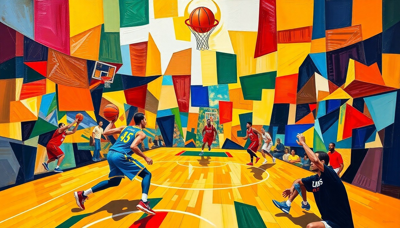 A cubist, geometric painting depicting the chaotic action of a basketball game, with sharp planes of the Magic's blue and the Hornets' teal colors overlapping and intersecting to capture the intensity of the play-in matchup.