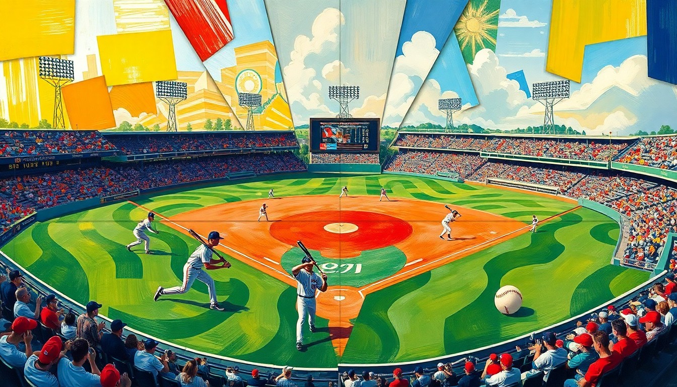 A fragmented, cubist-style painting depicting the dynamic action of a high school baseball game, with players, bats, balls, and the field rendered in sharp, overlapping geometric shapes and planes of bright, vibrant colors.