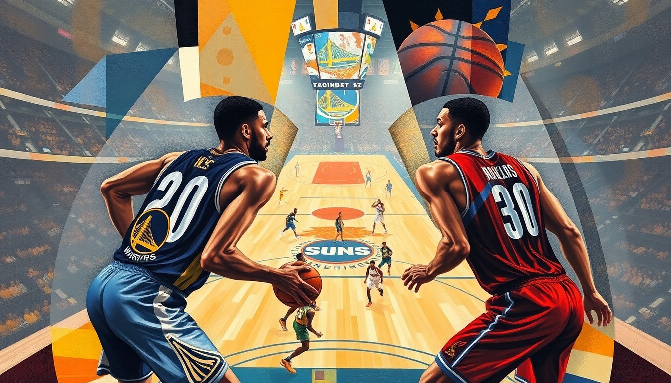 A fractured, multi-perspective painting in a cubist style, breaking down a basketball game between the Golden State Warriors and Phoenix Suns into sharp, overlapping geometric shapes and planes, with the players' figures deconstructed into abstract forms.
