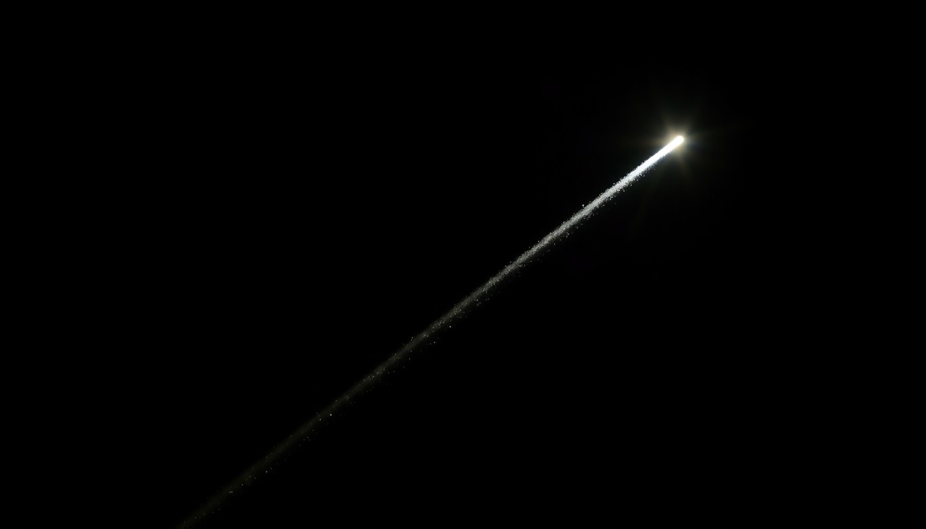 An extreme close-up photograph of a single skywriting trail in the sky, lit by a harsh, direct camera flash against a pitch-black background, creating a stark, gritty, investigative aesthetic.