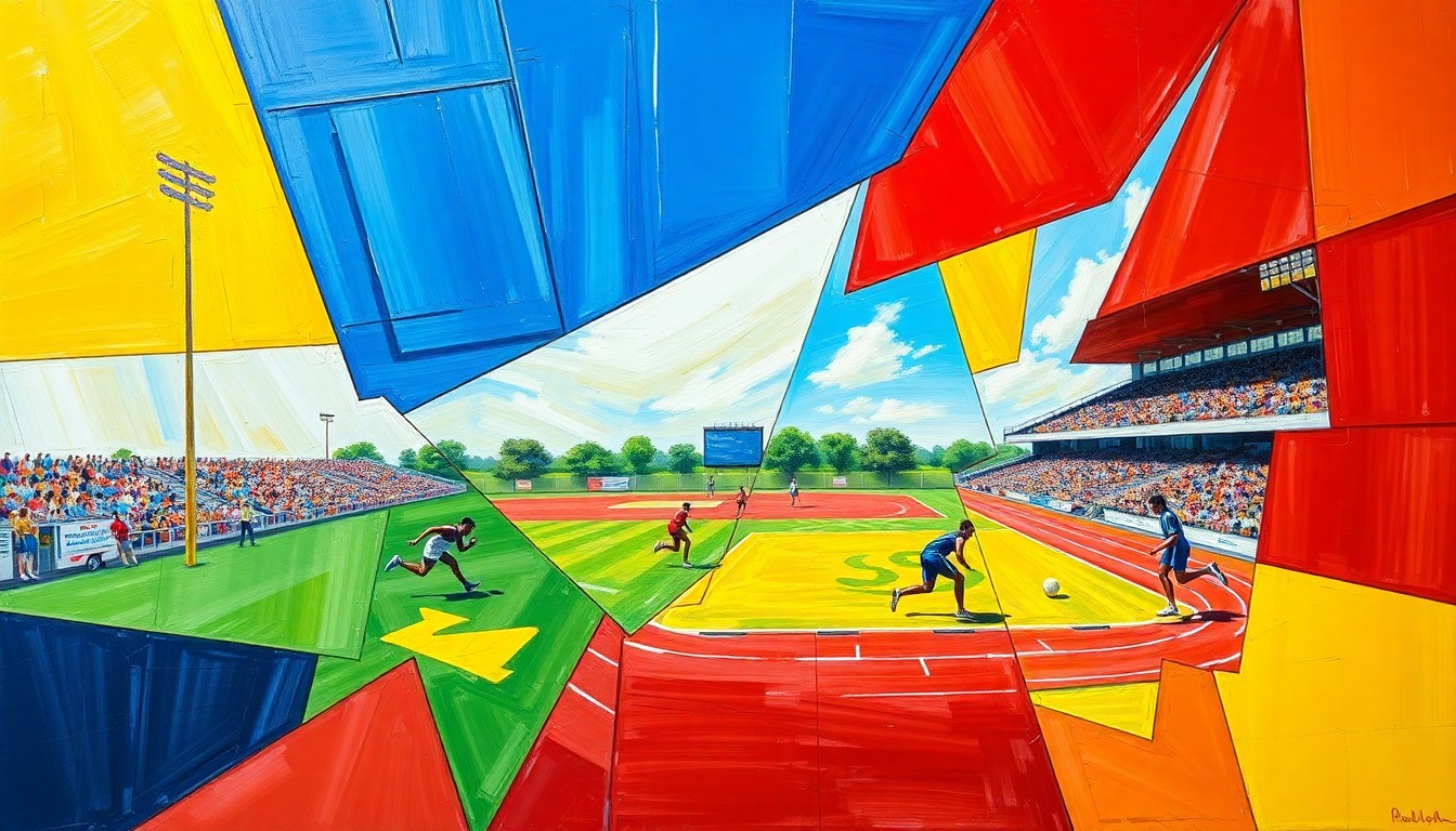 A fractured, geometric painting in bold colors depicting various athletic movements and actions from a high school track and field or baseball event, conveying the raw energy and competitive spirit of the competitions.