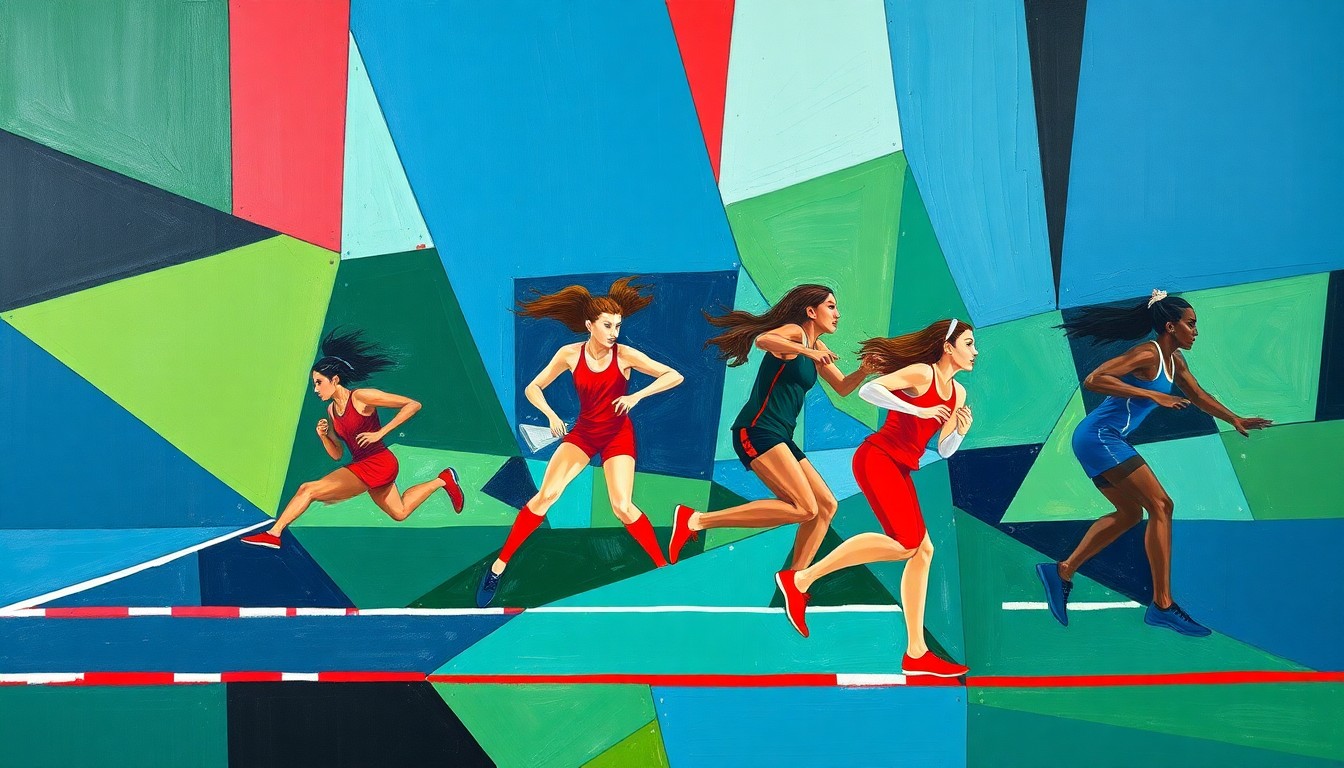 A fractured, cubist-style painting depicting various track and field events and athletes in an abstract, geometric composition using bold, contrasting colors.